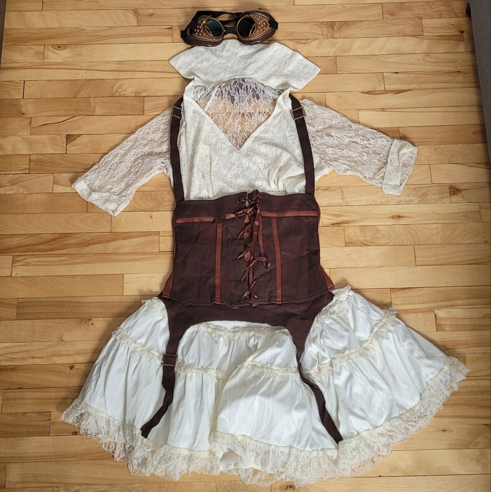 Steampunk Sally Halloween kit - blouse, corset and skirt with garter + goggles